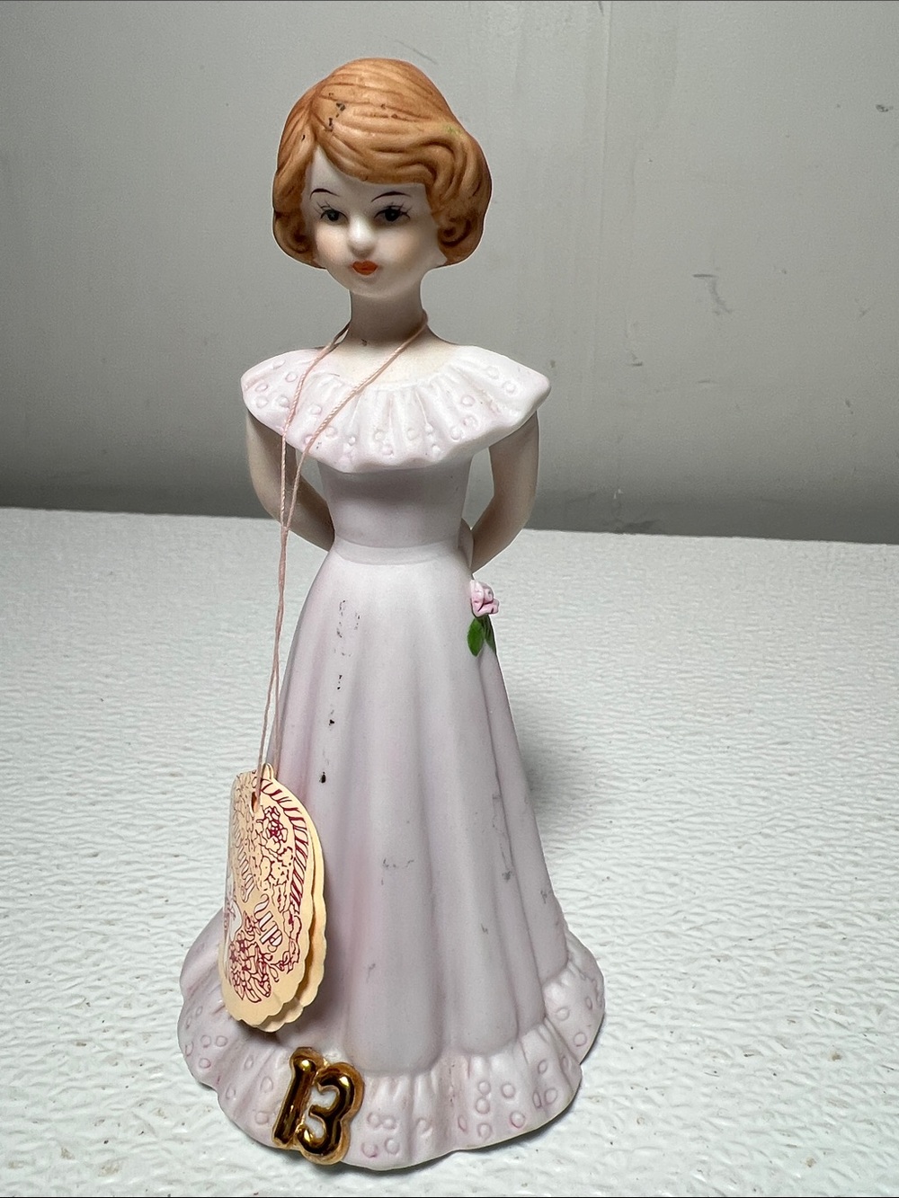 Enesco 13 Year Old Growing Up Birthday Girl -Pink Dress 1981 Porcelain w/Tag